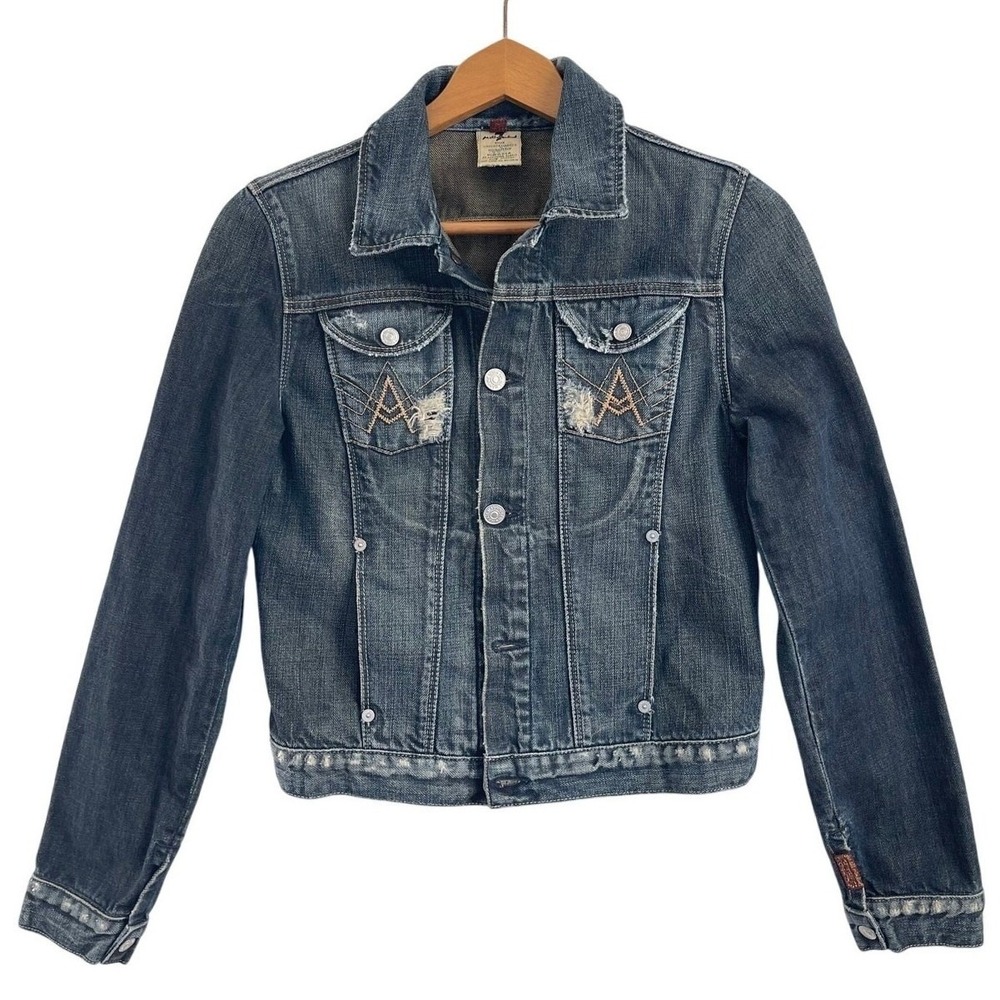 7 For All Mankind Cropped Denim Jacket Womens Small Medium Wash Distressed